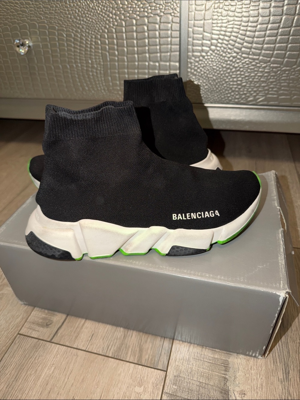 Balenciaga Womens Black Knit Sock Sneakers with White & Neon Green Accents